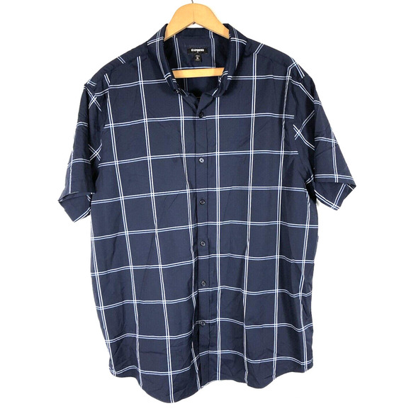 Express Button Down Shirt XL Mens Windowpane Plaid Check Navy Blue & White S/S - Picture 1 of 5